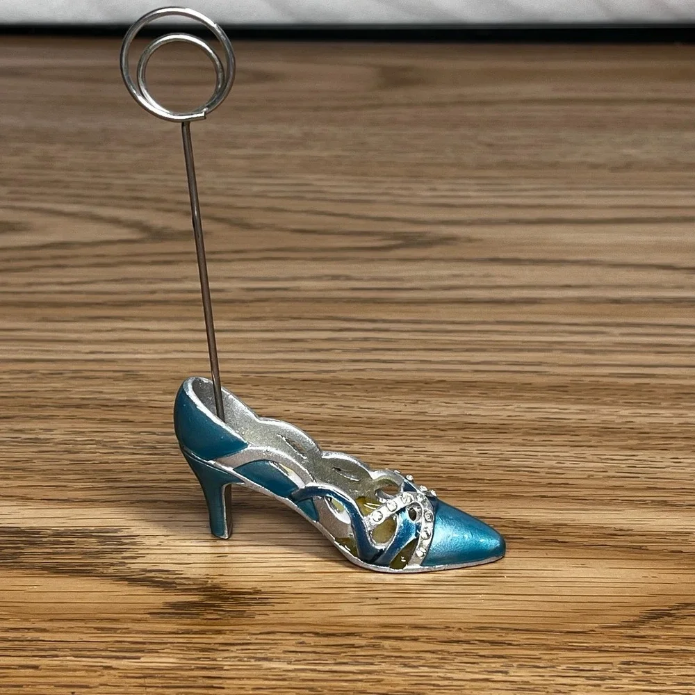 Vintage Teal Rhinestone High Heel‎ Shoe Metal Place Card Holder Photo Clip Decor